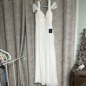 Lulu's White Chiffon Dress with Sheer Sleeves